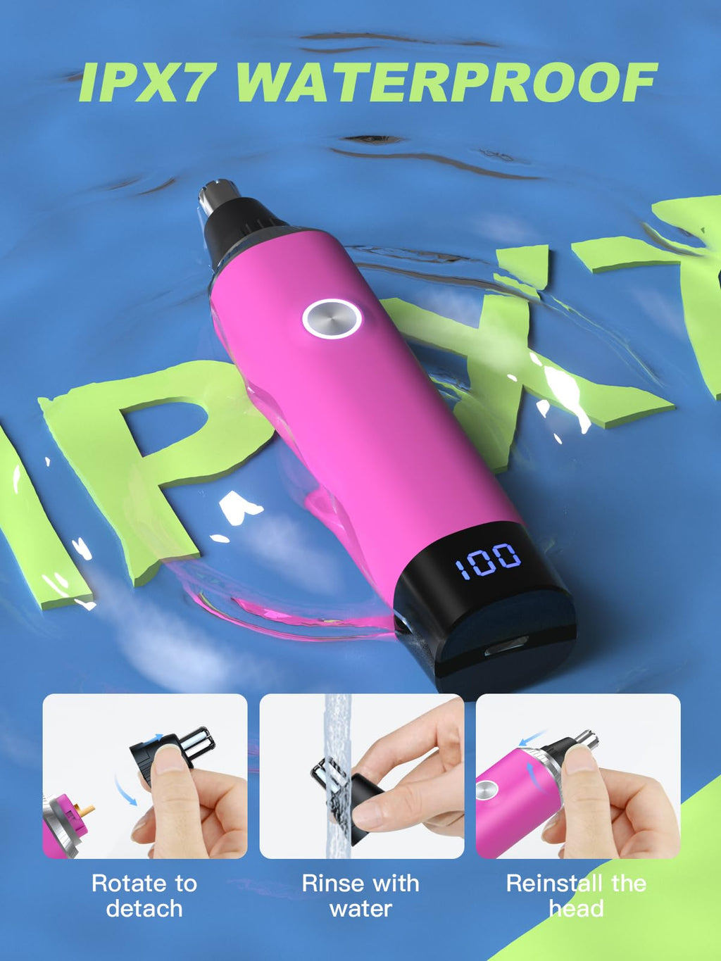LONFANTAR Nose Hair Trimmer for Women and Men，Rechargeable with LED Display,2 in 1 Painless Multifunctional Ear and Nose Trimmer with IPX7 Waterproof Dual Edge Blades-Magenta