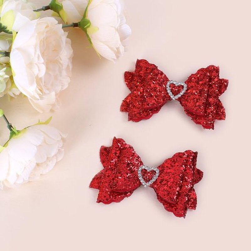 IKOLA Hair Bows for Girls Glitter Hair Clips with Rhinestones Heart Non Slip Metal Alligator Clips Hair Barrettes Sparkly Hair Accessories for Valentines Christmas Back to School - Red