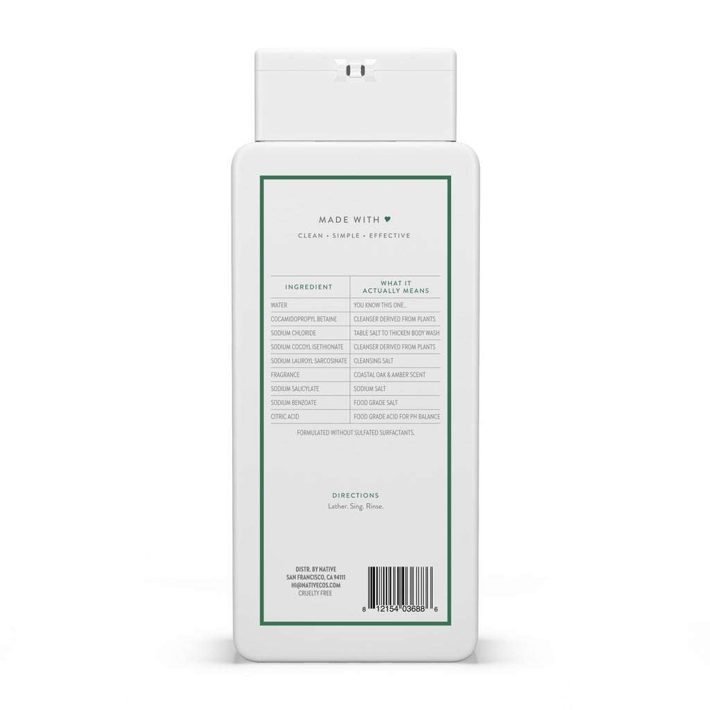 Native Body Wash Contains Naturally Derived Ingredients | For Women & Men, Sulfate, Paraben, & Dye Free Leaving Skin Soft and Hydrating | Coastal Oak & Amber 18 oz