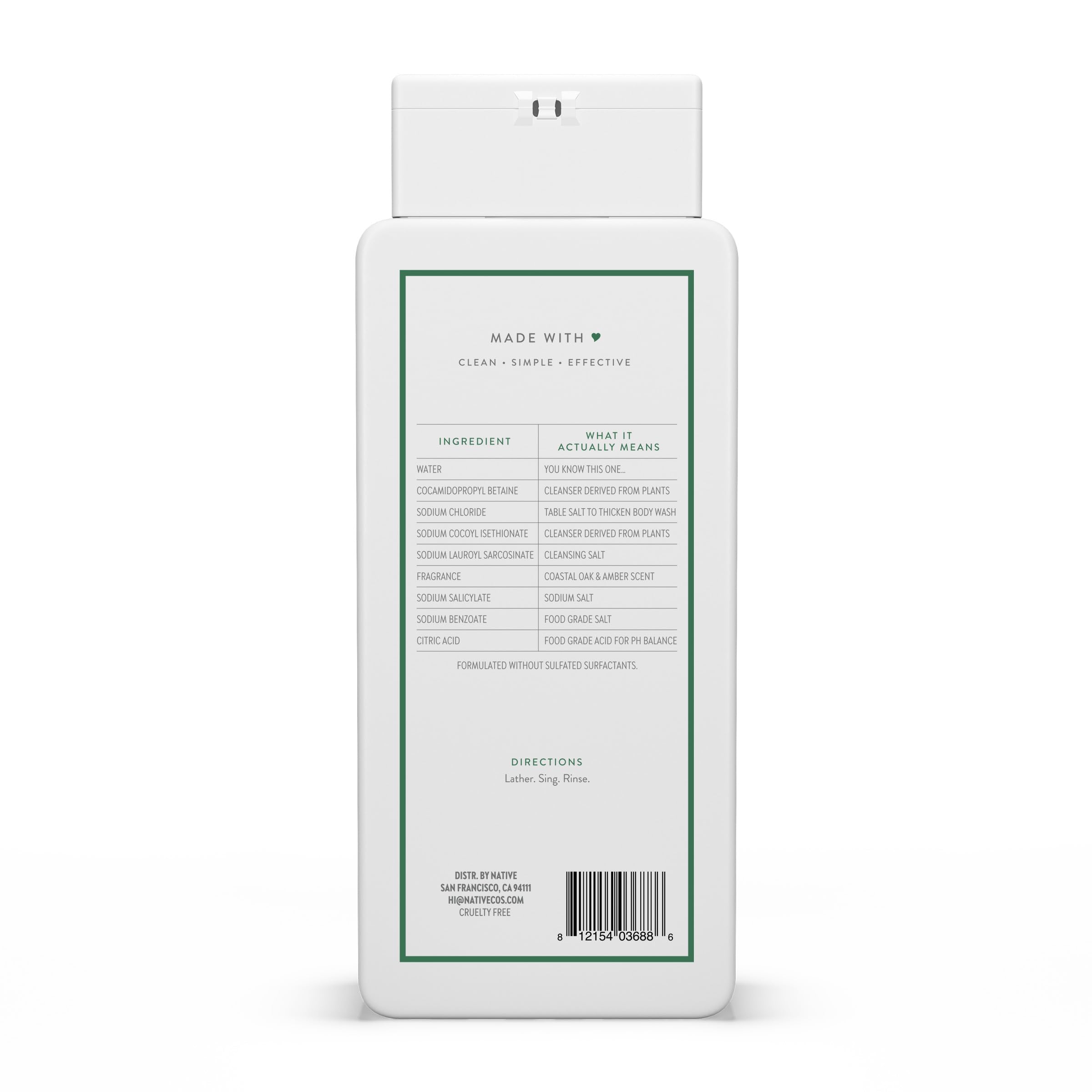 Native Body Wash Contains Naturally Derived Ingredients | For Women & Men, Sulfate, Paraben, & Dye Free Leaving Skin Soft and Hydrating | Coastal Oak & Amber 18 oz