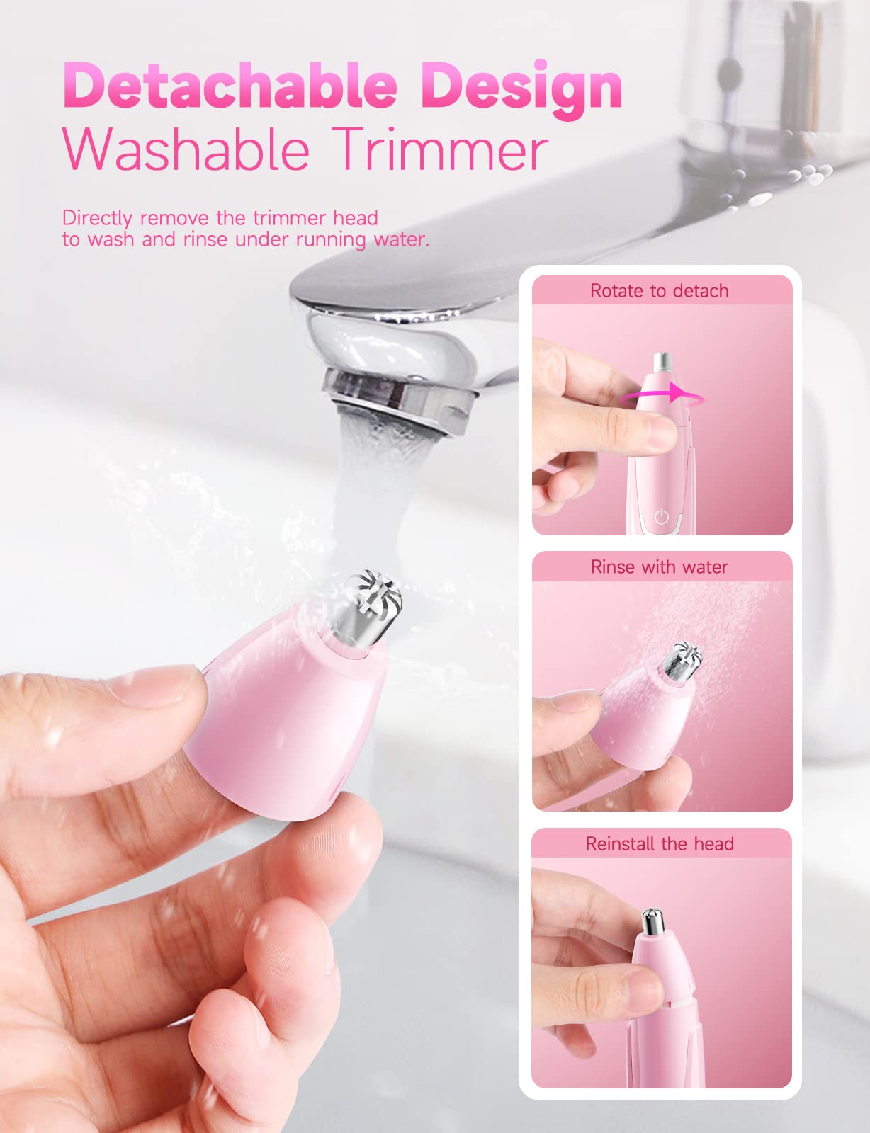ZORAMI Rechargeable Ear and Nose Hair Trimmer - 2026 Professional Painless Eyebrow & Facial Hair Trimmer for Men Women, Powerful Motor and Dual-Edge Blades for Smoother Cutting Pink