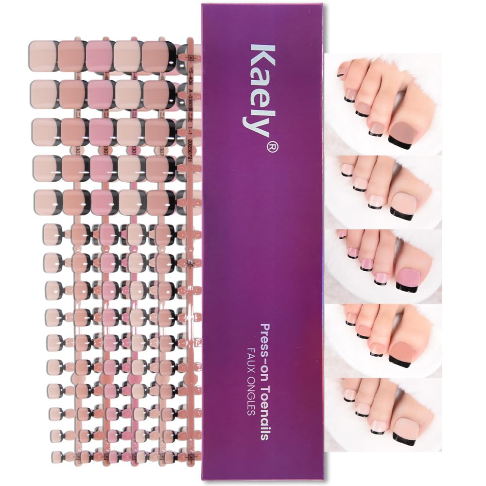 XZMeiLun Black French Tips Press on Toenails Short Square, Real Acrylic Designs Toe Nails Press Ons Set, Artificial False Toenails for Women with Glue/Sticker On Toenails, Fake Toes nail Kit 150Pcs