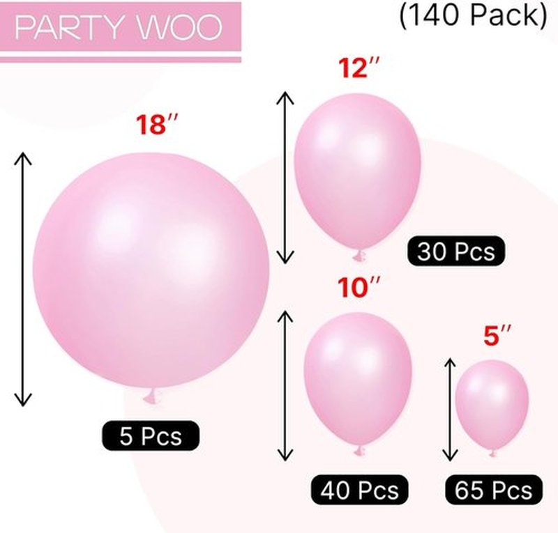 PartyWoo Pearl Pink Balloons - 140-Piece Baby Pink Balloon Arch Kit | 18", 12", 10", 5" Sizes for Parties