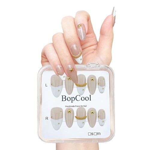 Handmade Press On Nails Medium Almond Shape - 3D Gold Metallic Embellished White French Manicure False Nails ， Minimalist Design | Salon Quality Reusable Fake Nails(10PCS-M)