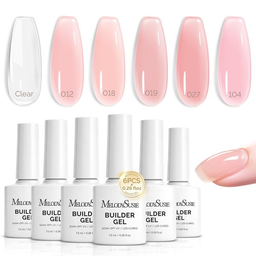 MelodySusie Builder Gel Nail Polish Set, Base Colors Nude Pink Clear 8 in 1 Nail Thickening Rubber Base Gel Polish,Soak Off UV Extension,Rhinestone Nail Glue in a Bottle Gift for Women 6 Colors