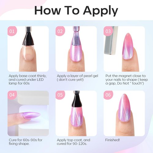modelones Cat Eye Gel Nail Polish, 6 Colors Shimmer Pearl Magnetic Nail Drawing Set with Magnet, Iridescent Mermaid Swirl Shell Thread Purple Pink Blue Glitter, DIY Manicure Gift for Women Girl
