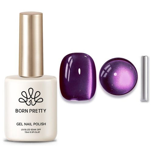 BORN PRETTY Cat Magnetic Eye Gel Nail Polish,Purple Jelly Glass Magnetic Gel Polish Glitter Soak Off Nail Art Salon Manicure Home Gift 15ml
