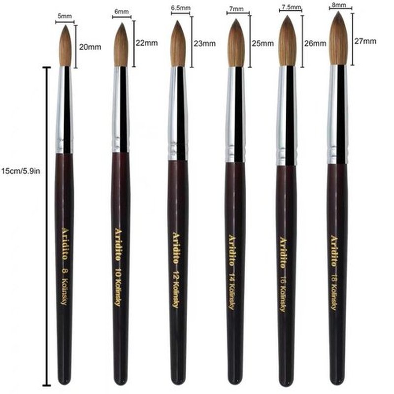 Aridito Round Head Kolinsky Acrylic Nail Brush Red Wine Color Wooden Handle For Professional Manicure DIY Home Salon （Size 8/10/12/14/16/18） (8# Kolinsky)