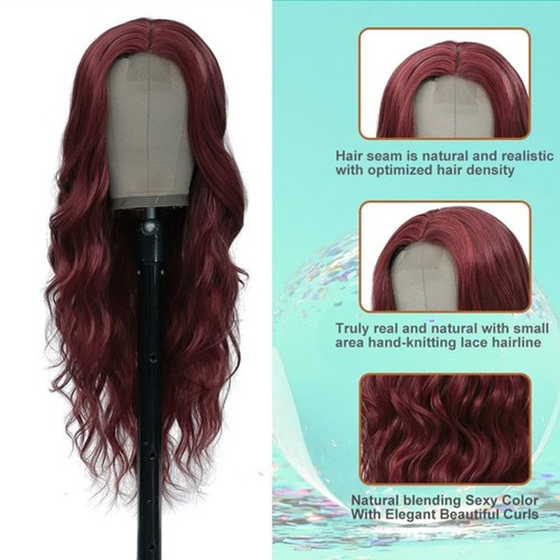 Red Wigs for Women Long Wavy Wig Natural Middle Part Wine Red Wig Synthetic Curly Wave Hair Replacement Wigs Heat Resistant Fiber Hair Wig for Daily Party (26'' Red)