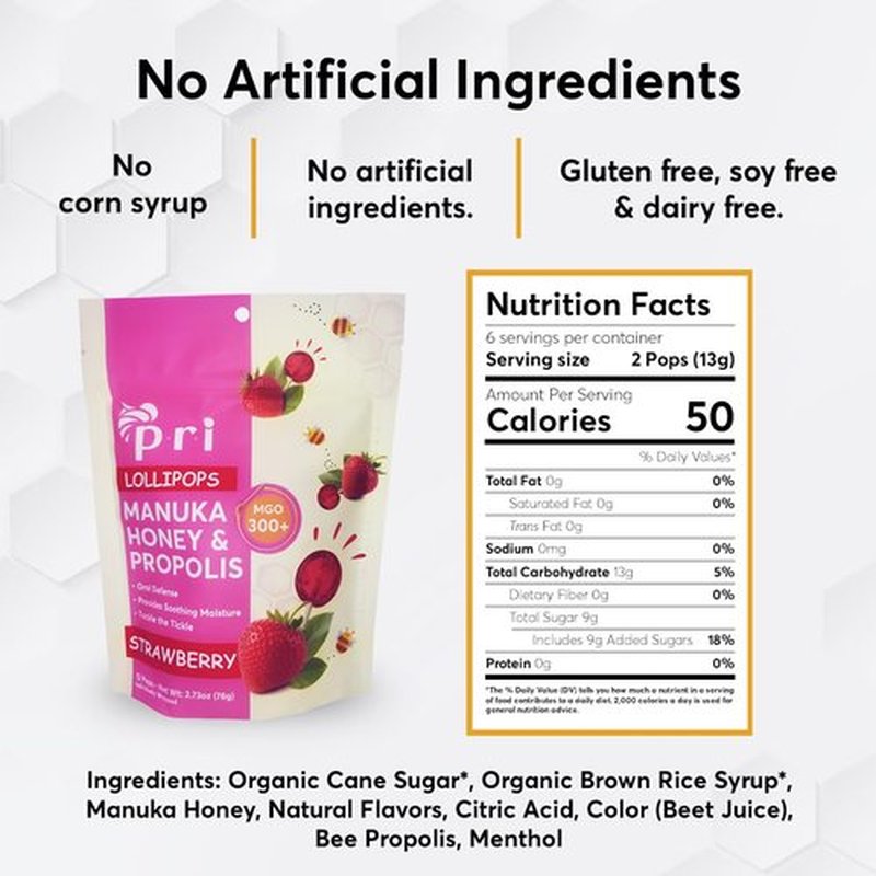 P.R.I Strawberry Manuka Honey Lollipops - Throat Soothing with Propolis & Menthol | 24 Count, MGO 300+