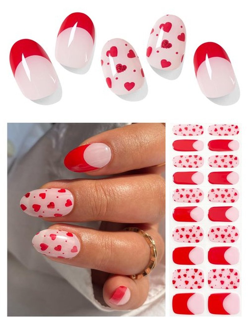 AutyaMee Semi Cured Gel Nail Strips (Red Heart N), Valentine's Day French, 20 Pcs Gel Nail Wraps, Stickers, Works with Any UV Lamps