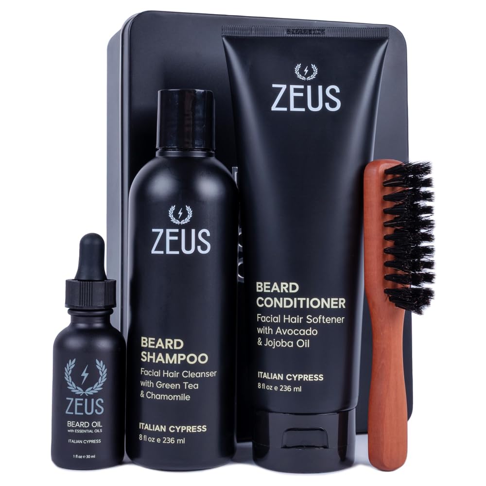 ZEUS Deluxe Beard Care Kit for Men, Italian Cypress Oil, Wash & Brush Set