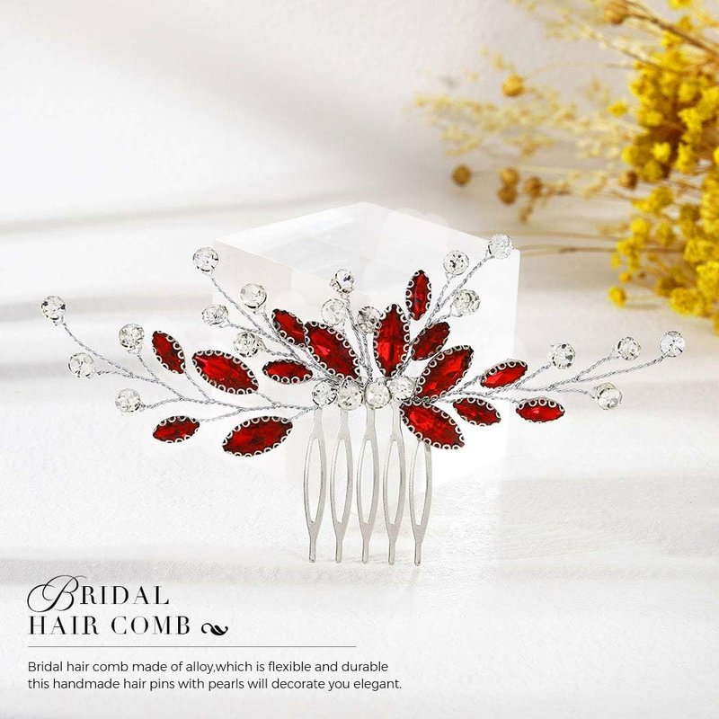 Unicra Bride Silver Wedding Hair Comb Sparkly Crystal Bridal Hair Piece Rhinestone Hair Accessorie for Women and Girls (Red-red)