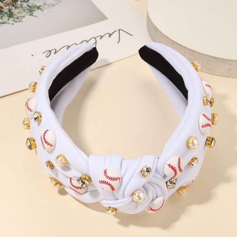 Baseball Headband for Women Crystal Pearl Knotted Headband Baseball Charms Rhinestone Beaded Embellished Headbands Wide Top Knot Game Day Hair Accessories Sports Fan Gifts (White Baseball)