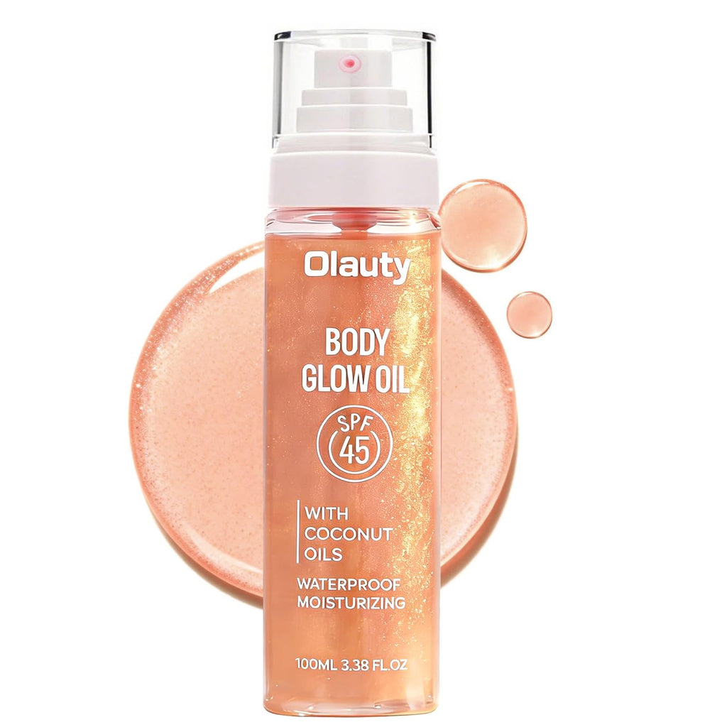 Body Glow Oil, SPF45 Sunscreen Body Oil Shimmer Moisturizing with Coconut Oil Nourishing Glowing Skin, Body Shimmering Oils for Face & Body, Lightweight, Non-Greasy