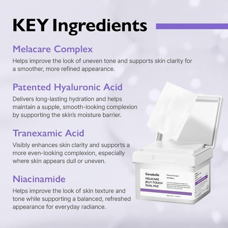 Genabelle Melacare Jelly Touch Dual Pad – Radiance-Boosting & Hydrating Toner Pads with Niacinamide & Tranexamic Acid – Targets Dark Spots and Hyperpigmentation – 4.05 fl oz