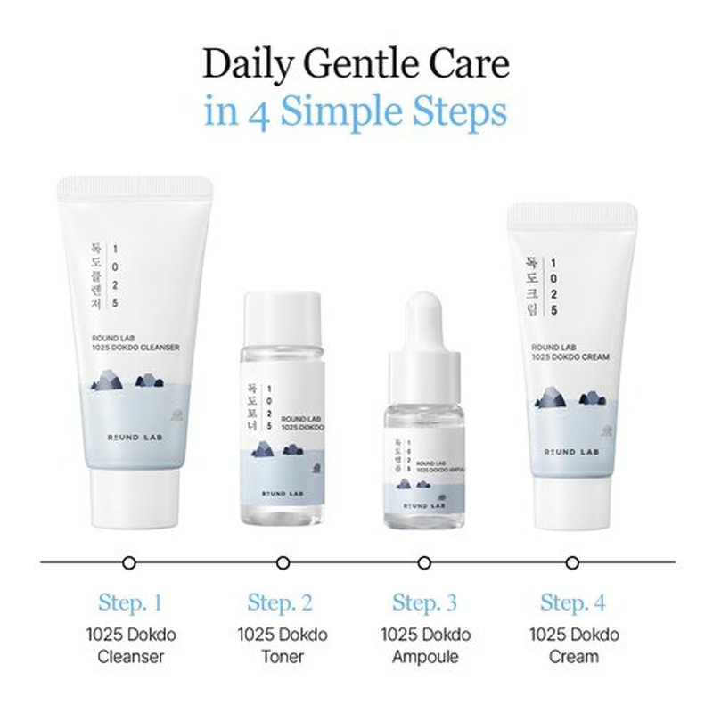 ROUND LAB 1025 Dokdo Hydrating Mini Size Kit (Cleanser, Toner, Ampule, Cream), Deep Hydration for Dry Skin, Daily Skin Care Routine Trial Kit for Moisture Care, Travel Size Gift Set, Korean Skin Care