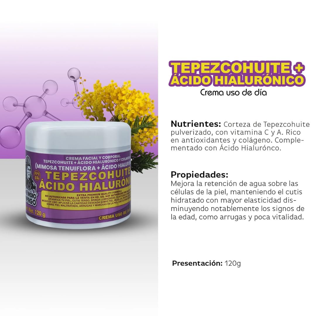 Del Indio Pápago Tepezcohuite + Hyaluronic Acid Facial Cream Duo – Day & Night Use, Hydrating & Nourishing Formula with Mimosa Tenuiflora, 120g Each (JUMBO 2 Pack)