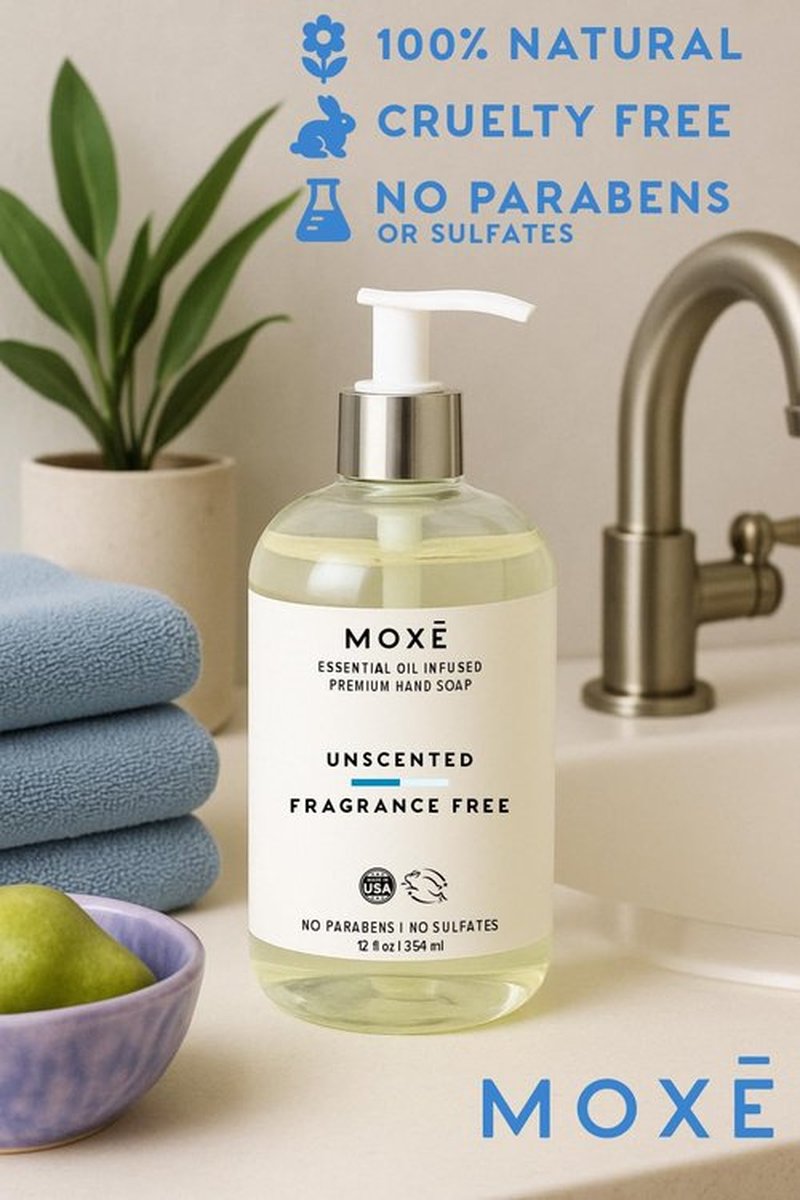 MOXE All Natural Hand Wash – Unscented Fragrance-Free– Gentle Formula, Organic & Plant-Based – For Kitchen & Bathroom – Biodegradable, Vegan, Cruelty-Free, No Sulfates or Parabens – 12 oz