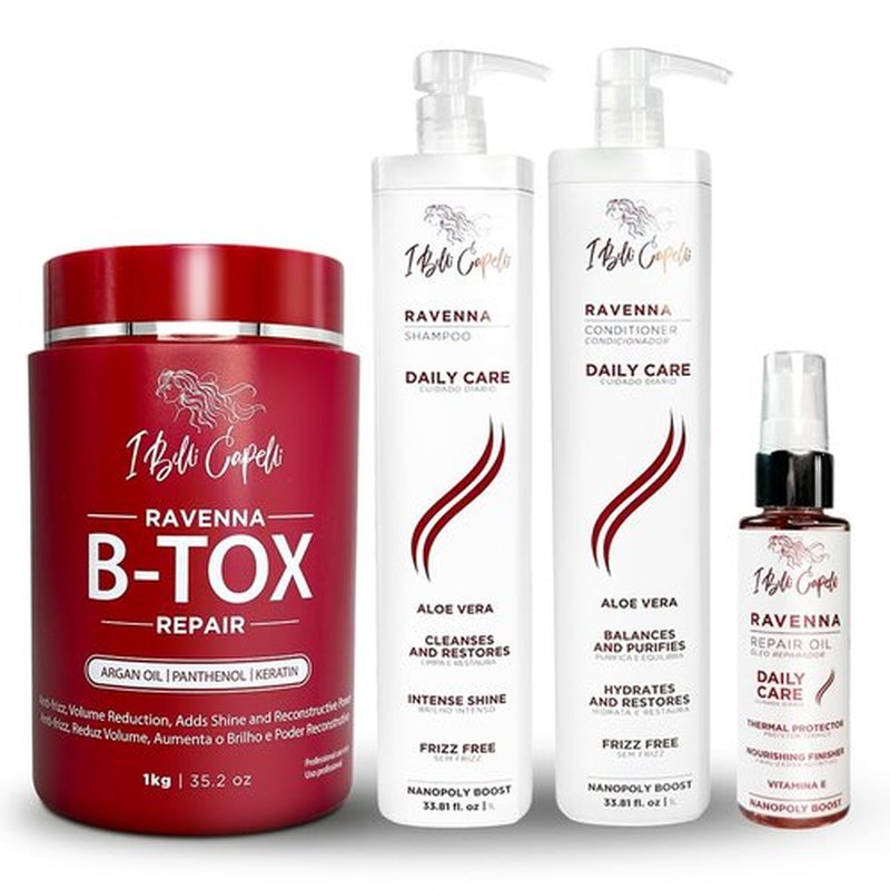 I Belli Capelli Ravenna Hair Straightening Kit – Repair Hair B-tox, Aloe Vera Shampoo & Conditioner, Repair Oil – Intense Hydration, Shine – Formaldehyde-Free – For All Hair Types (4-Pack)