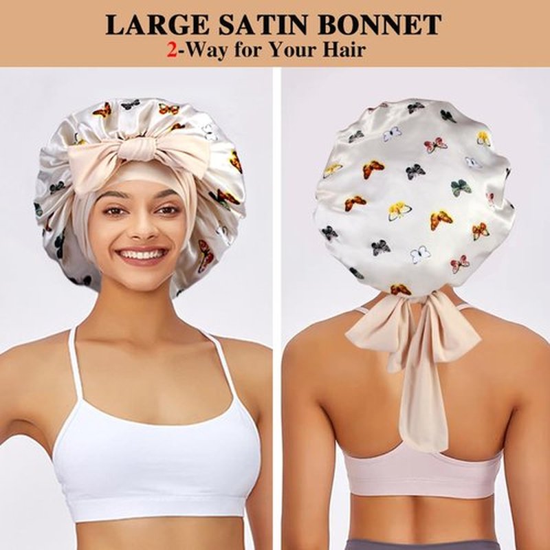 2+3 Large Satin Bonnets with Scrunchies for Women, Hair Bonnet Sleeping Tie Bonnet for Braids Curly Hair, H