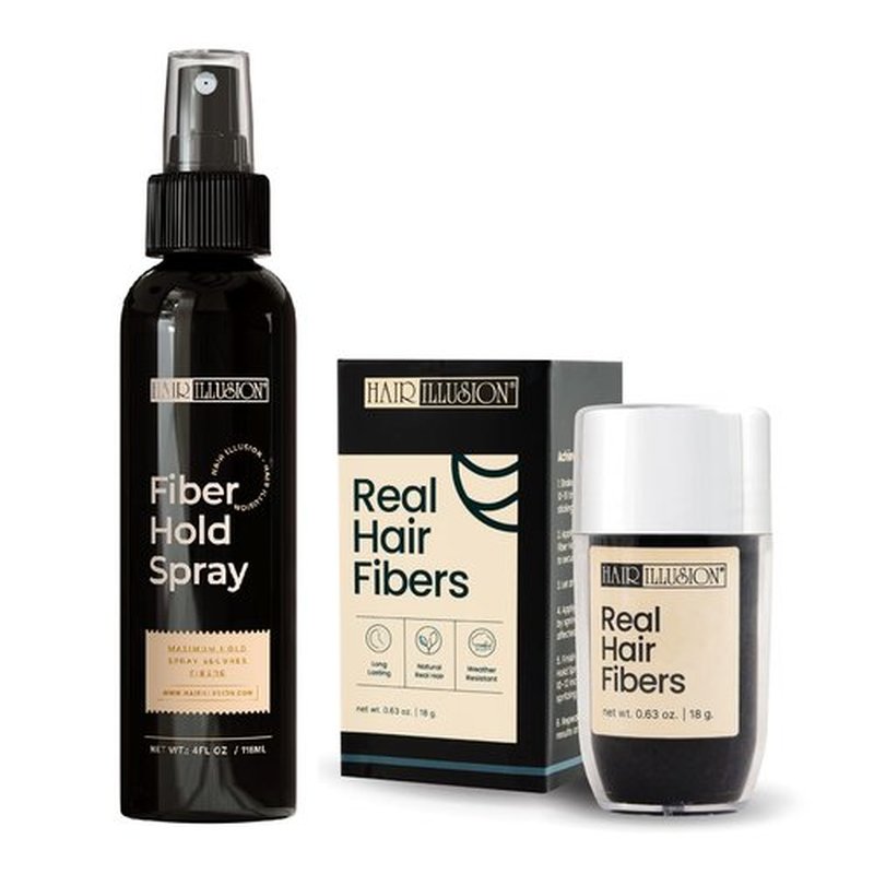Hair Illusion | Black Real Fibers and Holding Spray for Thinning Hair - Natural Texture, 18g