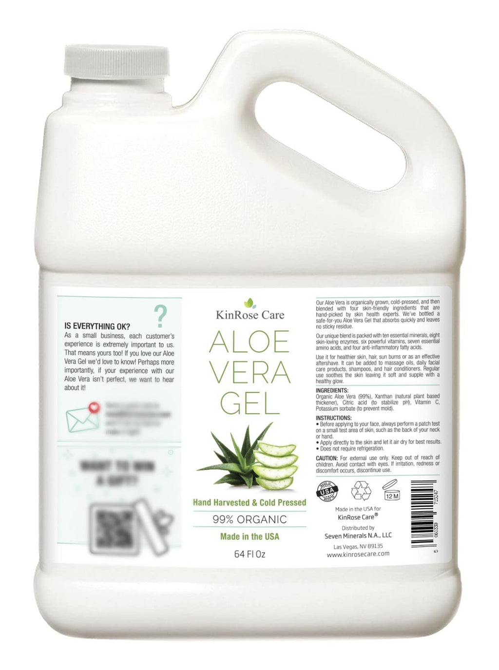 KinRose Care, 64oz Aloe Vera Gel for Face, Skin, Hair & Sunburn Relief - From Pure Organic Aloe Vera - Cold Pressed, Vegan, Unscented - Made in USA.