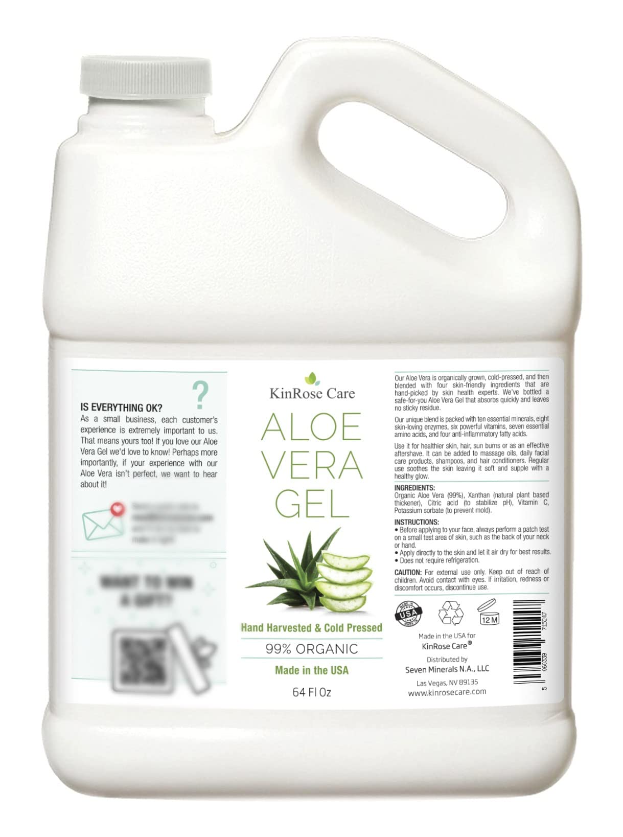 KinRose Care, 64oz Aloe Vera Gel for Face, Skin, Hair & Sunburn Relief - From Pure Organic Aloe Vera - Cold Pressed, Vegan, Unscented - Made in USA.