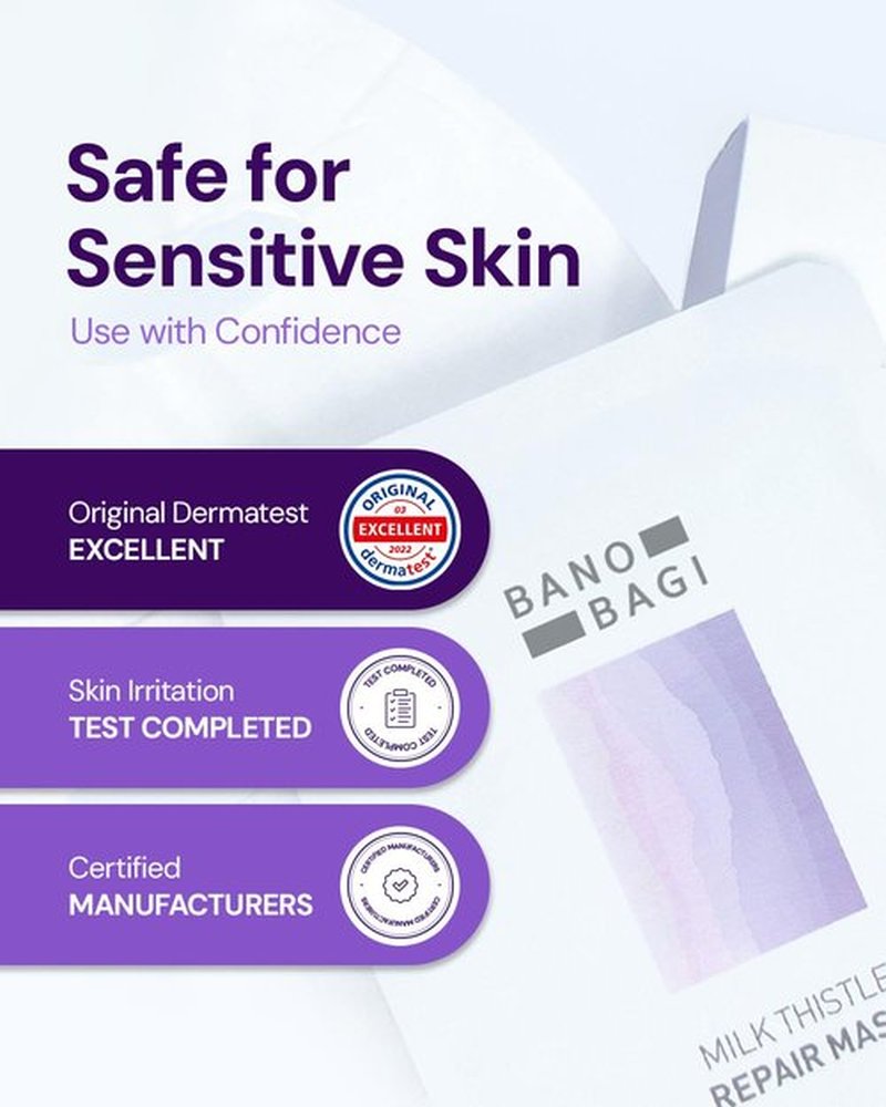 Banobagi Milk Thistle Repair Face Mask – Korean Skin Care with Centella, Hyaluronic Acid & Adenosine | Hydrating & Soothing Sheet Mask for Sensitive Skin, Fragrance-Free, 10EA