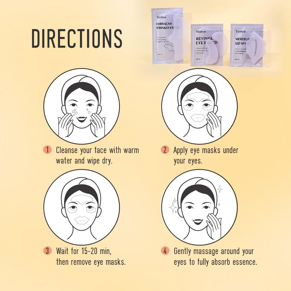 Yeokoe Forehead Wrinkle Patches,Under Eye Patches and Lip Mask 30 PCS. Face Masks Skincare With Retinol Serum For Anti-aging Puffy Eyes and Dark Circles
