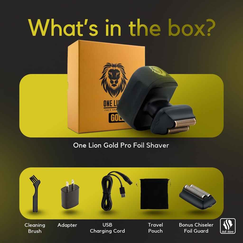 Skull Shaver One Lion Gold PRO Face Shaver for Men - Precision Grooming - Stepped Twin Foil - Ergonomic Grip - LCD Display - Cordless & Rechargeable