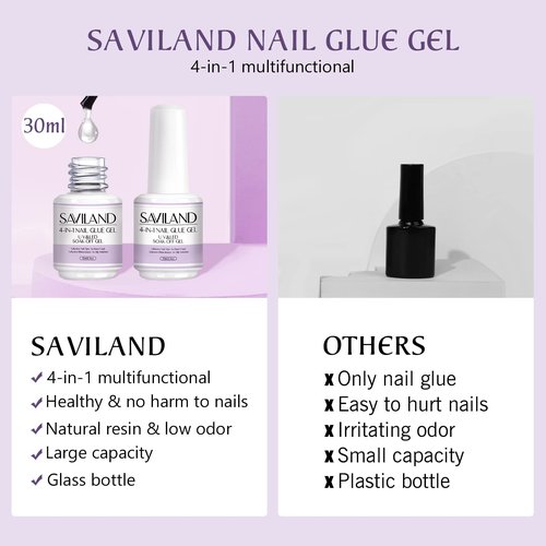 SAVILAND 4-in-1 Nail Gel Set, 2 pcs 15 ML Upgraded Glue for Fake & Press on Nails, Gel Base Strengthen and Nail Repair Treatment, Replacement for Glue.