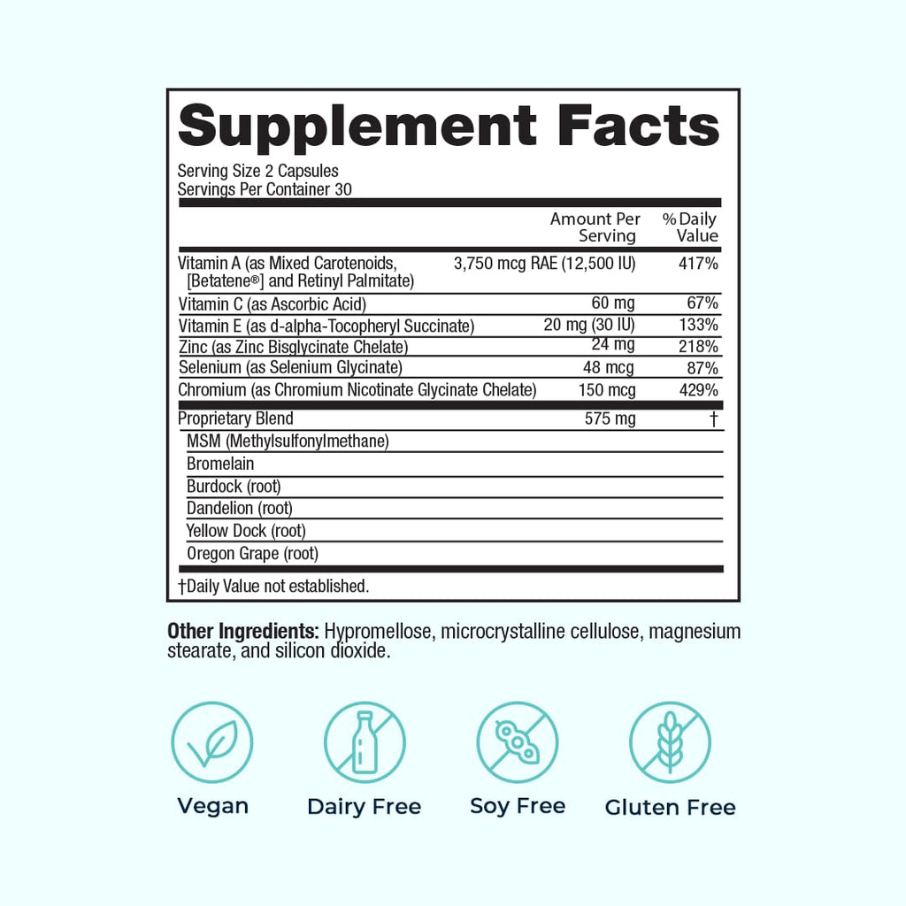VitaMedica Clear Skin Vitamin Formula | Noncystic Acne Supplement for Skin Clearing | Clear Complexion for Women and Men | Vitamins A, C, E, Selenium, Chromium, and Zinc for Skin Health | 60 Count