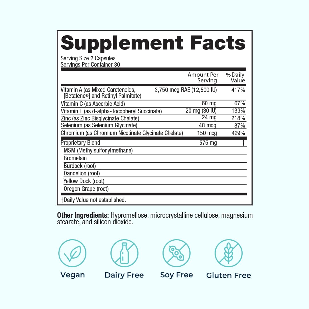 VitaMedica Clear Skin Vitamin Formula | Noncystic Acne Supplement for Skin Clearing | Clear Complexion for Women and Men | Vitamins A, C, E, Selenium, Chromium, and Zinc for Skin Health | 60 Count