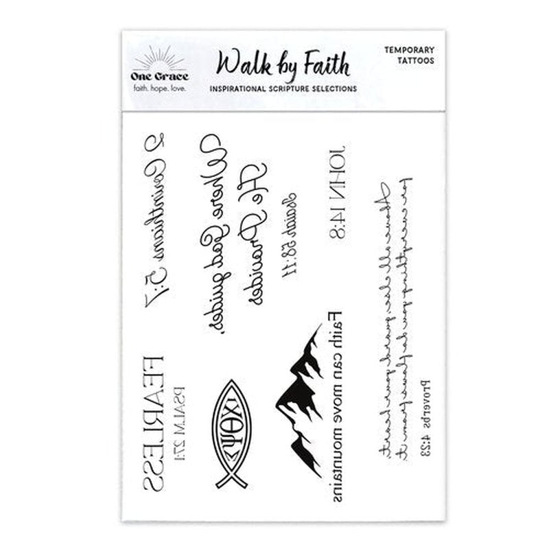 One Grace Christian Temporary Tattoos - Inspirational Scriptures Selections - Christian Motivational Bible Verse Words and Cross Tattoos (Walk by Faith)