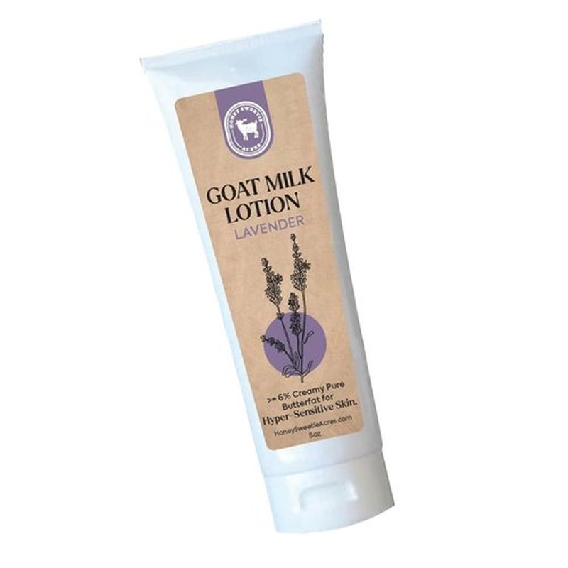 Honey Sweetie Acres Fresh Off The Goat All-Natural Goat Milk 8 oz Lavender Body Lotion is a cruelty-free, handmade lotion that hydrates and moisturizes - Made in the USA