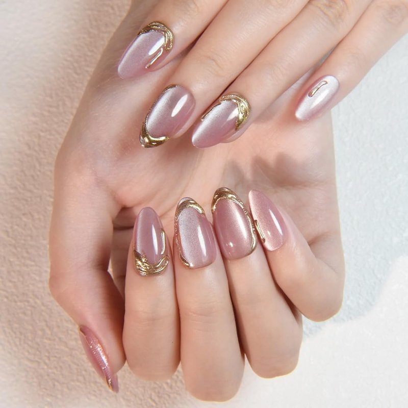 XZMeiLun Pink Cat Eye Press on Nails Short Almond, Acrylic Fake Nails with 3D French Tip Gold Line Design, Reusable Glue-On Stick for Cute Pink Nails for Women