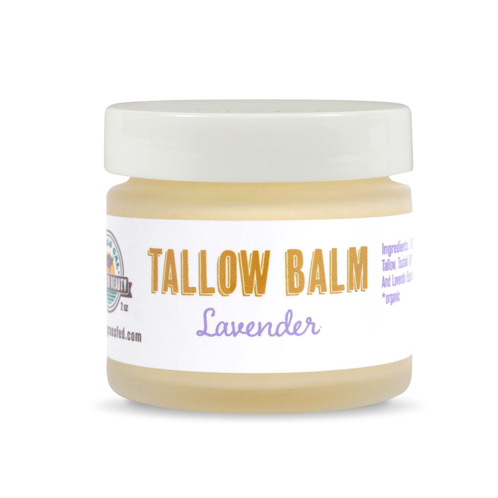 BUFFALO GAL Grassfed Beauty Regenerative Lavender Tallow Balm, Dry Rendered, Therapeutic Grade, Lab Tested Grass Fed Tallow Moisturizer for Face and Body, Organic Ingredients, 2 oz