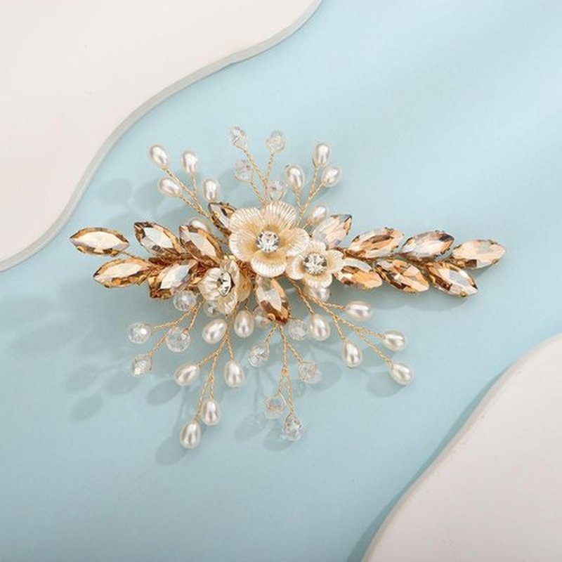 Rumtock Pearl and Flower Gold Champagne Hair Clip for Wedding Brides Bridesmaid Flower Girls Handmade Hair Piece (Champagne)
