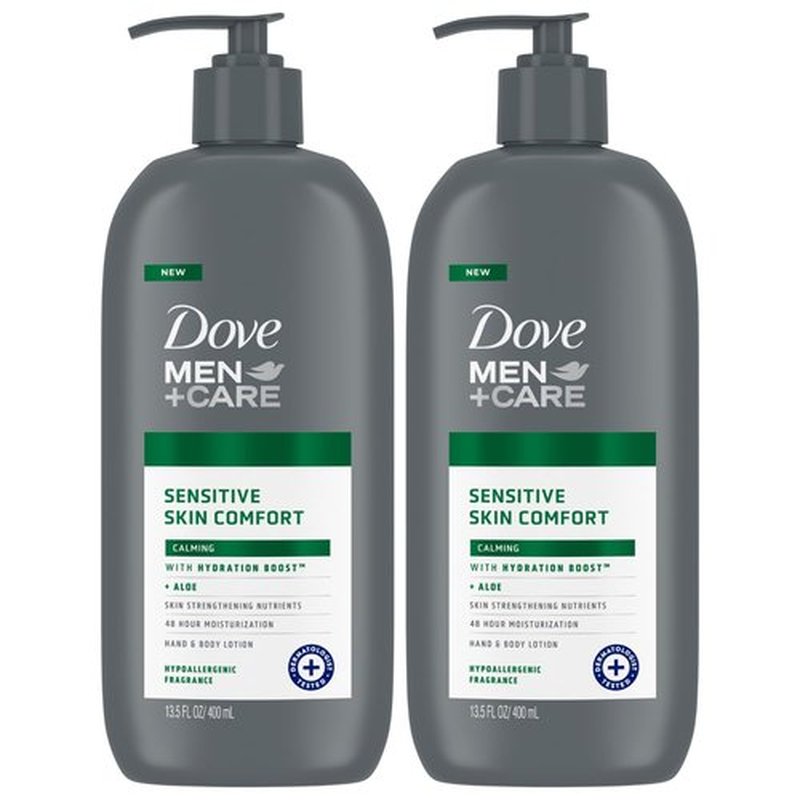 Dove Hand & Body Lotion, Men+Care Value Pack – Sensitive Skin Comfort Formula with Shea Butter & Aloe Vera, Calming Lotion for Dry Skin, 13.5 Fl Oz (Pack of 2)