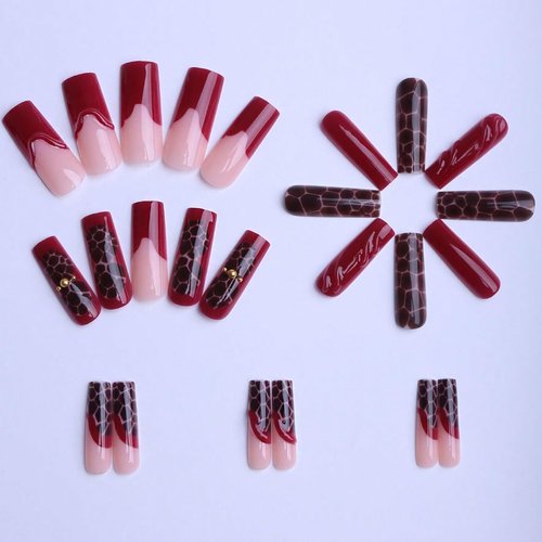 plalely Square Press on Nails Long Purple Fake Nails 3D Charm with Leopard Stick on Nail Tips for Women