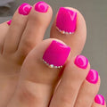 Artquee 28pcs Hot Pink Short Press on Toenails Glossy Square Fake Toe Nails Art Rhinestones Design Beach False Toes Nail Kit Tips Cute Artificial Toenail for Women in 14 Sizes