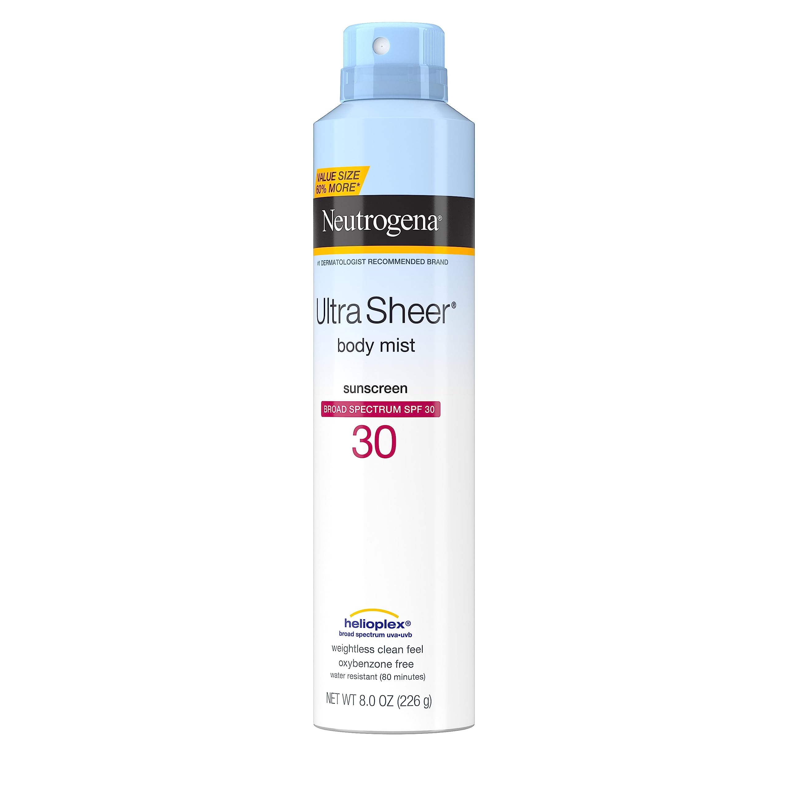 Neutrogena Ultra Sheer Body Mist Sunscreen Spray SPF 30 with Broad Spectrum Sun Protection, Lightweight, Water-Resistant, Oil-Free, Non-Comedogenic & Oxybenzone-Free, Value Size, 8 oz