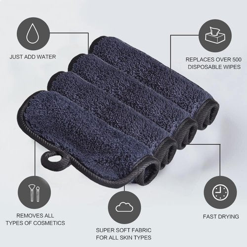 Skiennix Makeup Remover Cloths - Reusable Microfiber Cleansing Pads, 5x5 Inch, 6 Pack (Black)