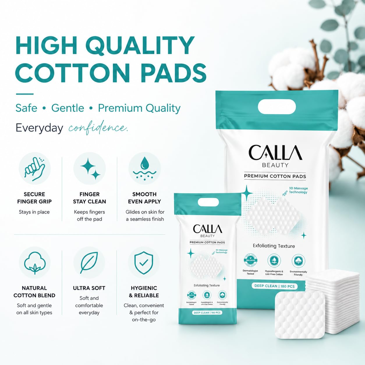 CALLA BEAUTY Deep Clean Cotton Pads for Face (300 Counts (Pack of 2)), Textured Woven Cotton Rounds, Thick & Tear-Resistant, Low Lint Makeup Remover Pads for Toner & Cleansing