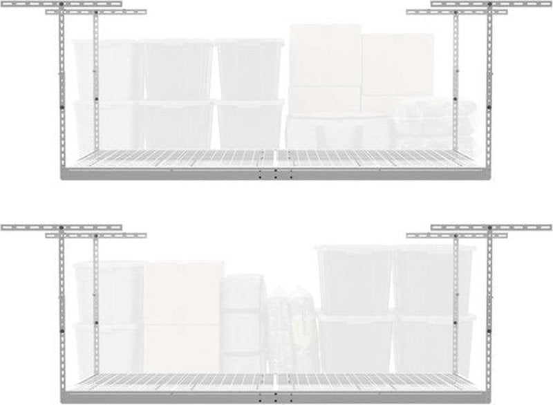 MonsterRax Overhead Garage Storage Rack - 2-Pack Adjustable Ceiling Shelves | White, 24"-45" Height
