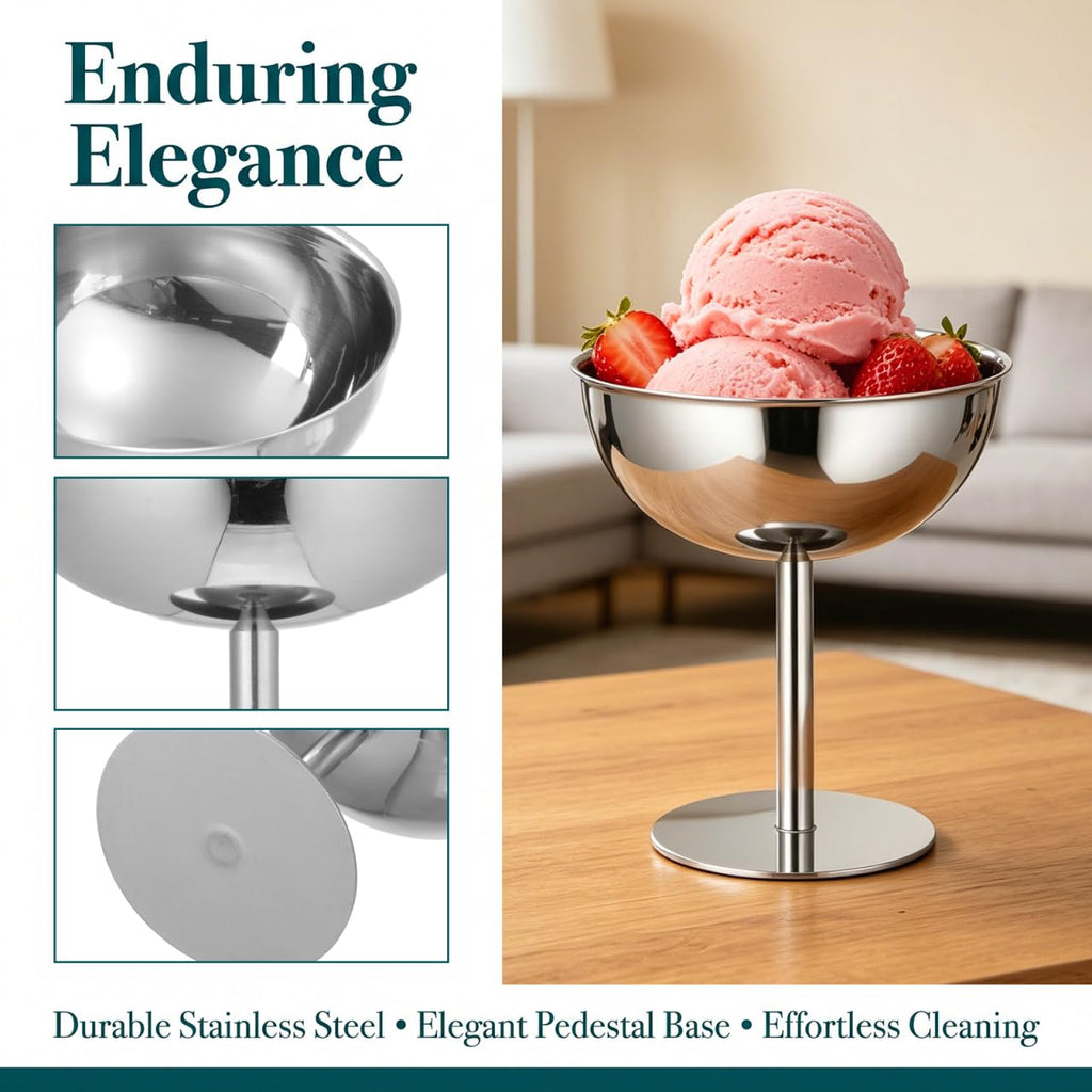 4PCS Stainless Steel Dessert Bowls, 5oz Ice Cream Cups, Stem Footed Metal Sundae Serving Dishes, Shatterproof Pudding Containers, Reusable Coupe Dessert Cup for Weddings Party Family Gathering(Silver)