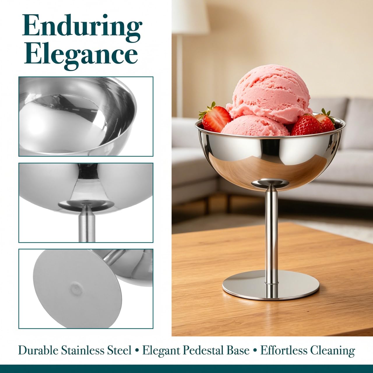 4PCS Stainless Steel Dessert Bowls, 5oz Ice Cream Cups, Stem Footed Metal Sundae Serving Dishes, Shatterproof Pudding Containers, Reusable Coupe Dessert Cup for Weddings Party Family Gathering(Silver)