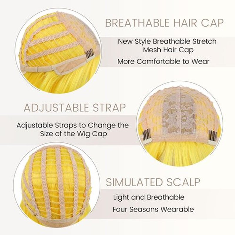 BATISI Yellow Short Bob Wig with Bangs for Women Loose Wavy Shoulder Length 14 Inch Synthetic Wig for Daily Cosplay Party Use