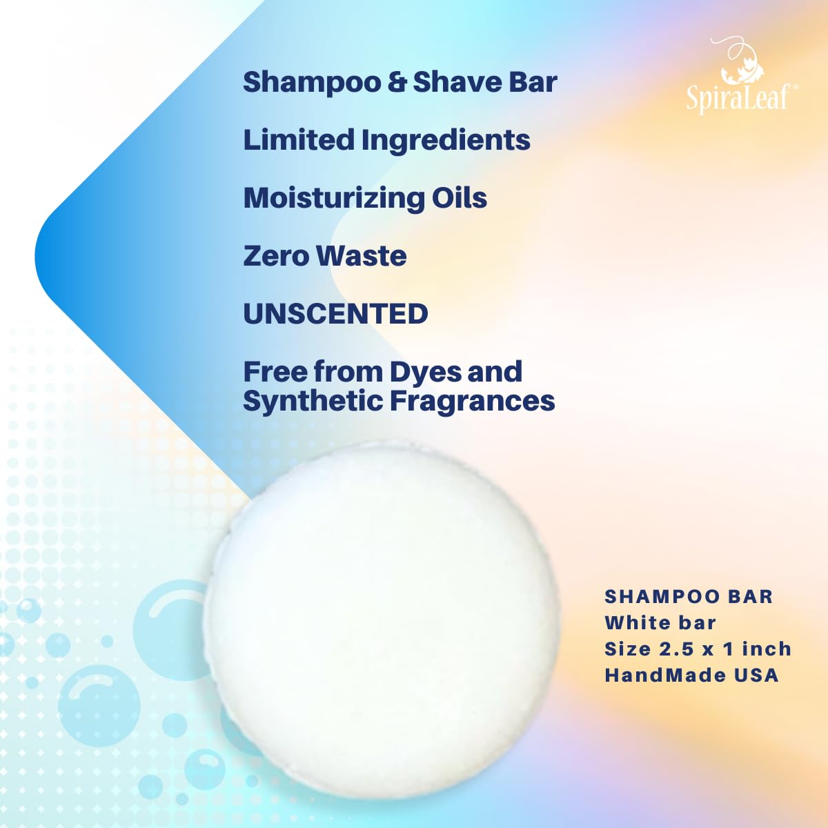 Spiraleaf Shampoo & Shave Bar – Plant-Based Shampoo & Shave Bar for All Hair Types, Concentrated Formula with Essential Oils, Limited Ingredients,USA Made, 2.25oz -Unscented